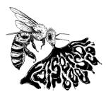 A bee drinking from a puddle in the shape of the words "Kaiserson Bee Co."