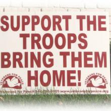 poster reads, "Support the troops: bring them home!"